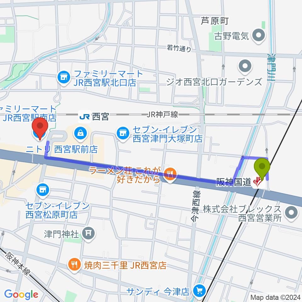 阪神国道駅から石井音楽教室へのルートマップ地図