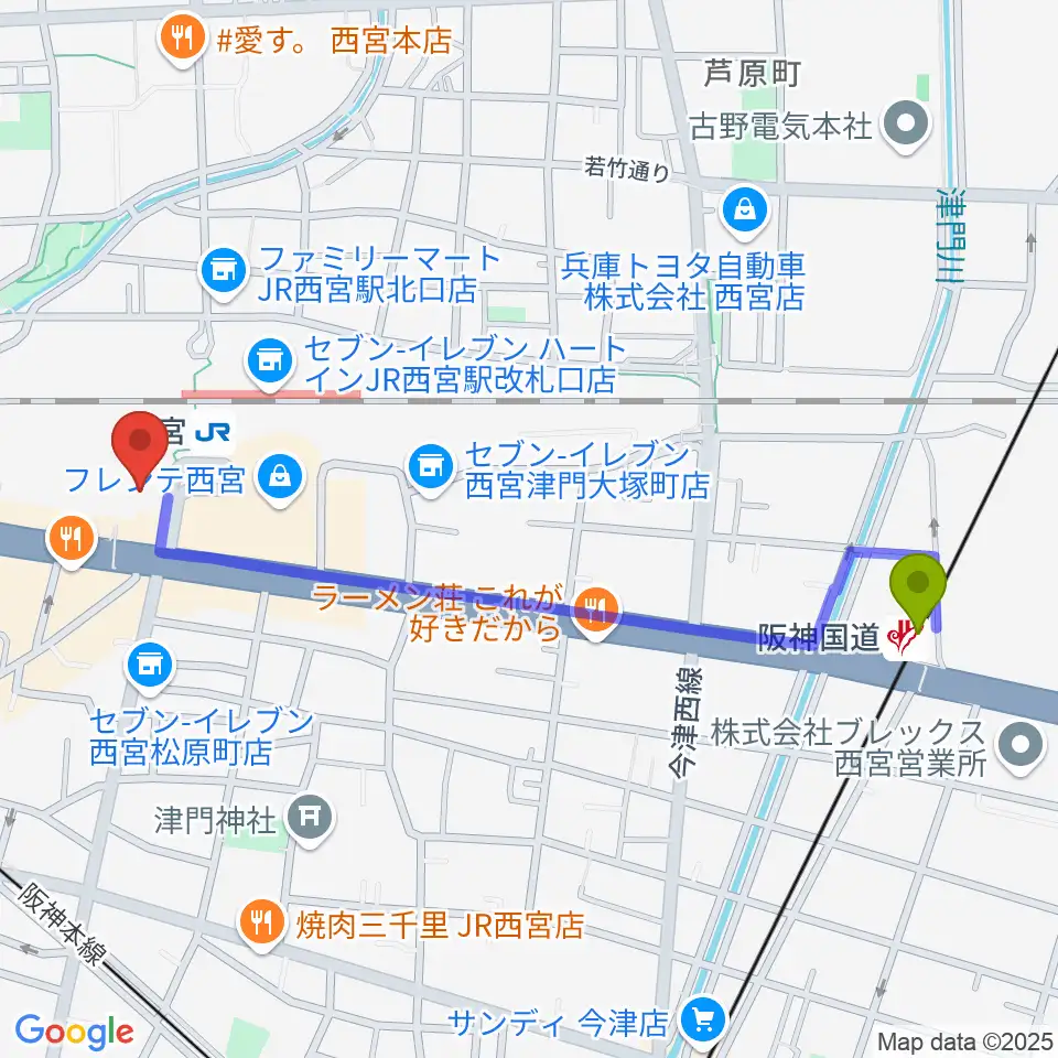 阪神国道駅から石井音楽教室へのルートマップ地図