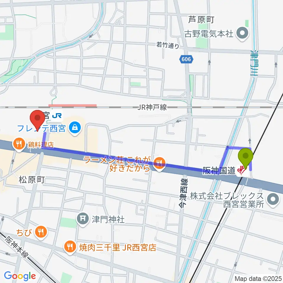 阪神国道駅から石井音楽教室へのルートマップ地図
