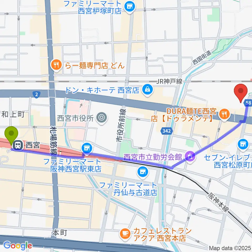 西宮駅から石井音楽教室へのルートマップ地図