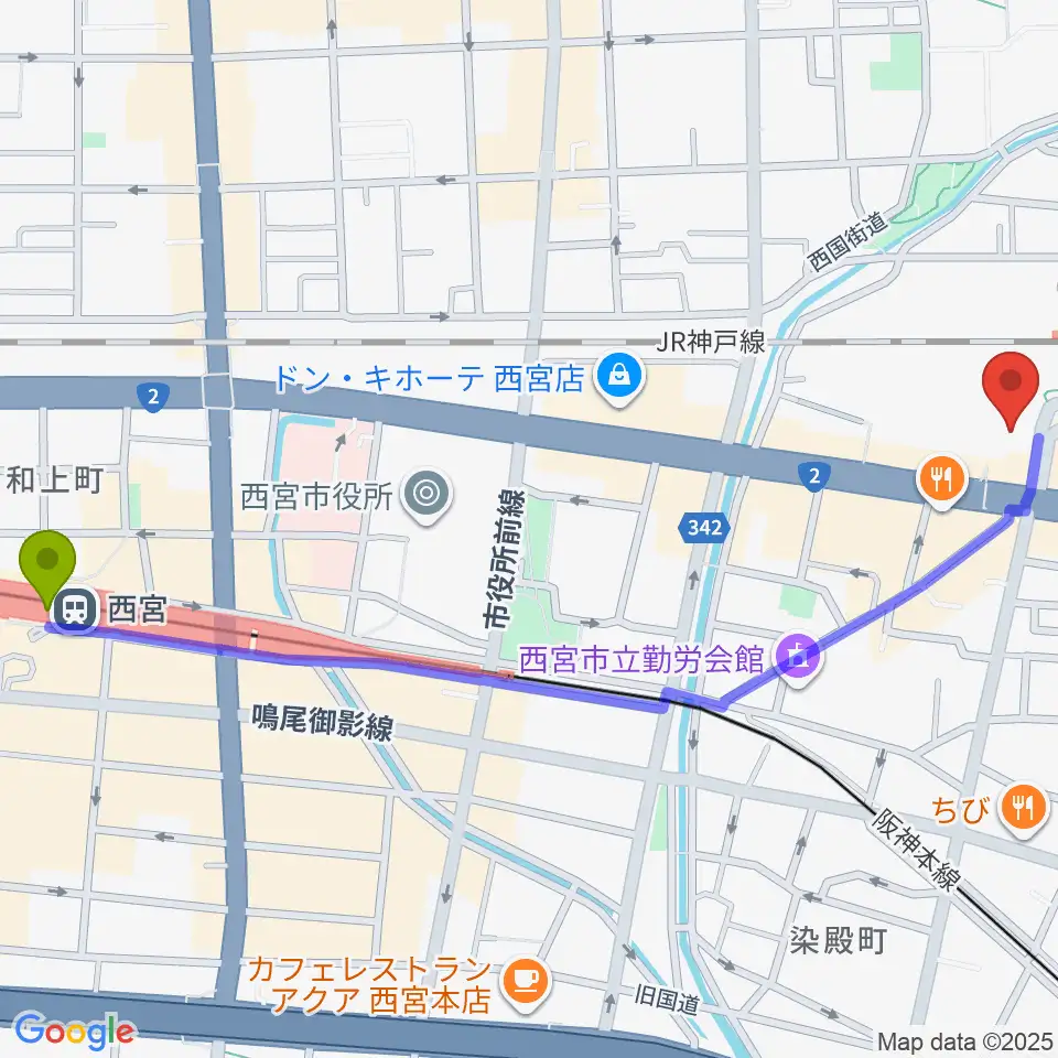 西宮駅から石井音楽教室へのルートマップ地図