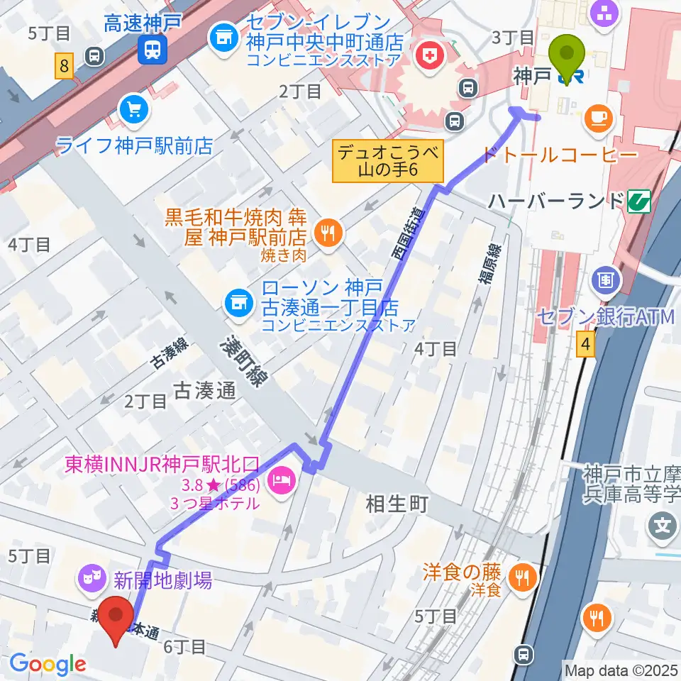 神戸駅からCinema KOBEへのルートマップ地図