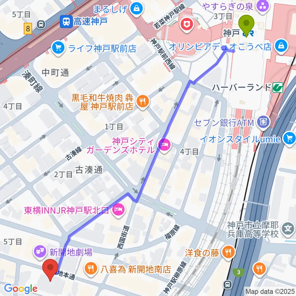 神戸駅からCinema KOBEへのルートマップ地図