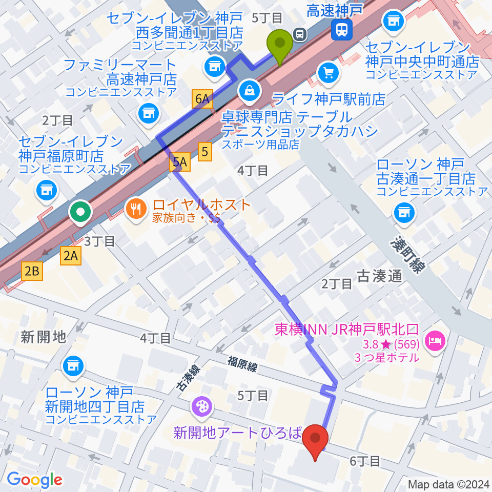 Cinema KOBEの最寄駅高速神戸駅からの徒歩ルート（約6分）地図