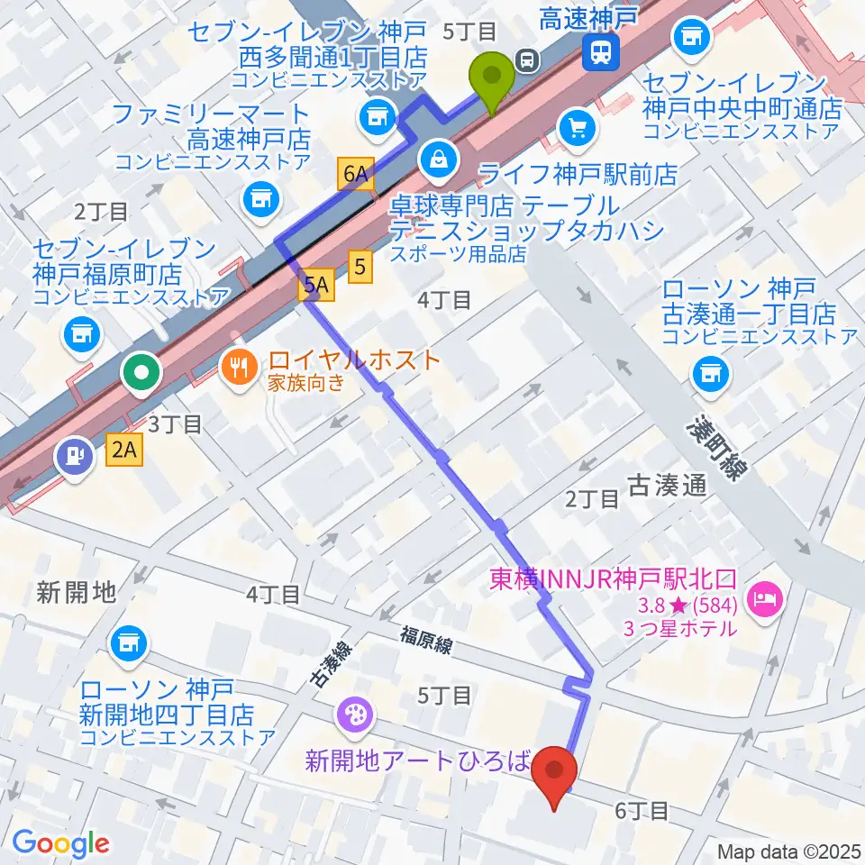 Cinema KOBEの最寄駅高速神戸駅からの徒歩ルート（約6分）地図