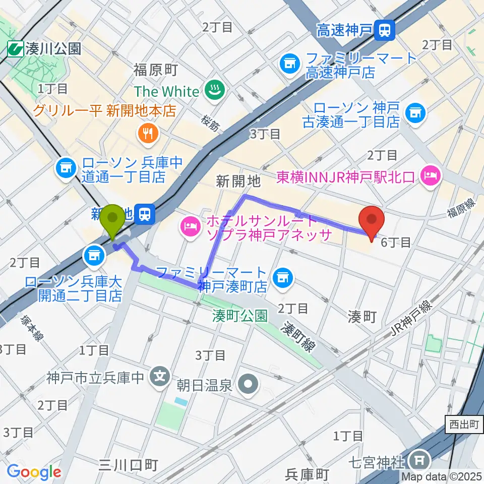 新開地駅からCinema KOBEへのルートマップ地図