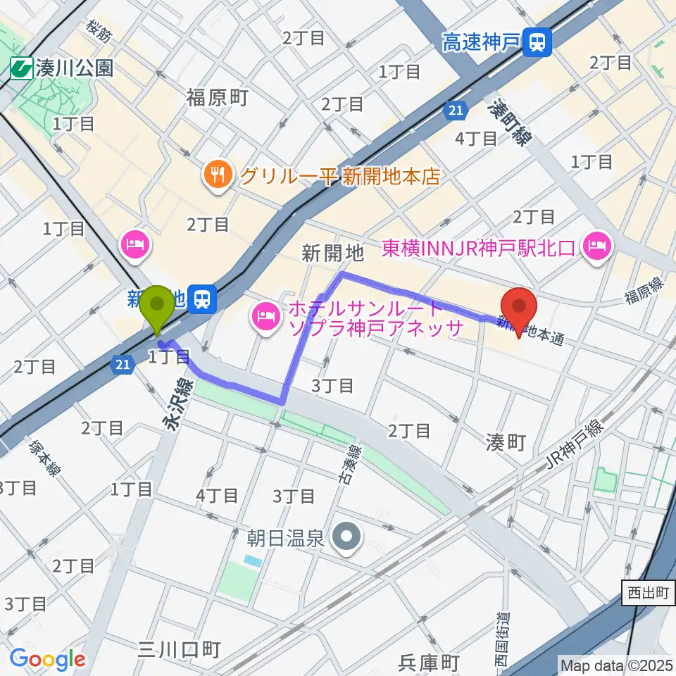 新開地駅からCinema KOBEへのルートマップ地図
