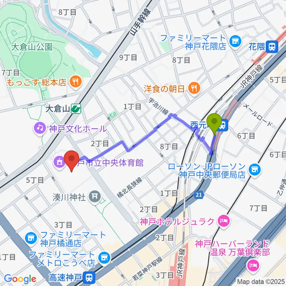 西元町駅から神戸市立中央体育館へのルートマップ地図