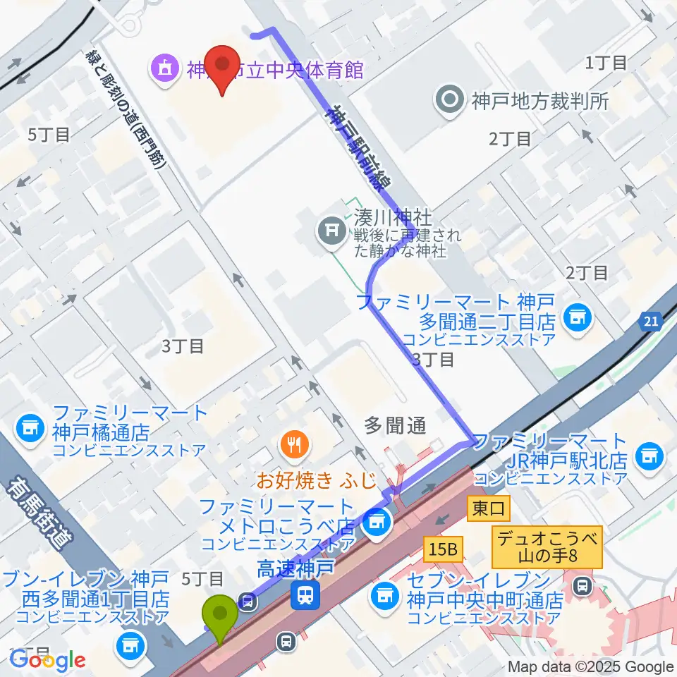 高速神戸駅から神戸市立中央体育館へのルートマップ地図
