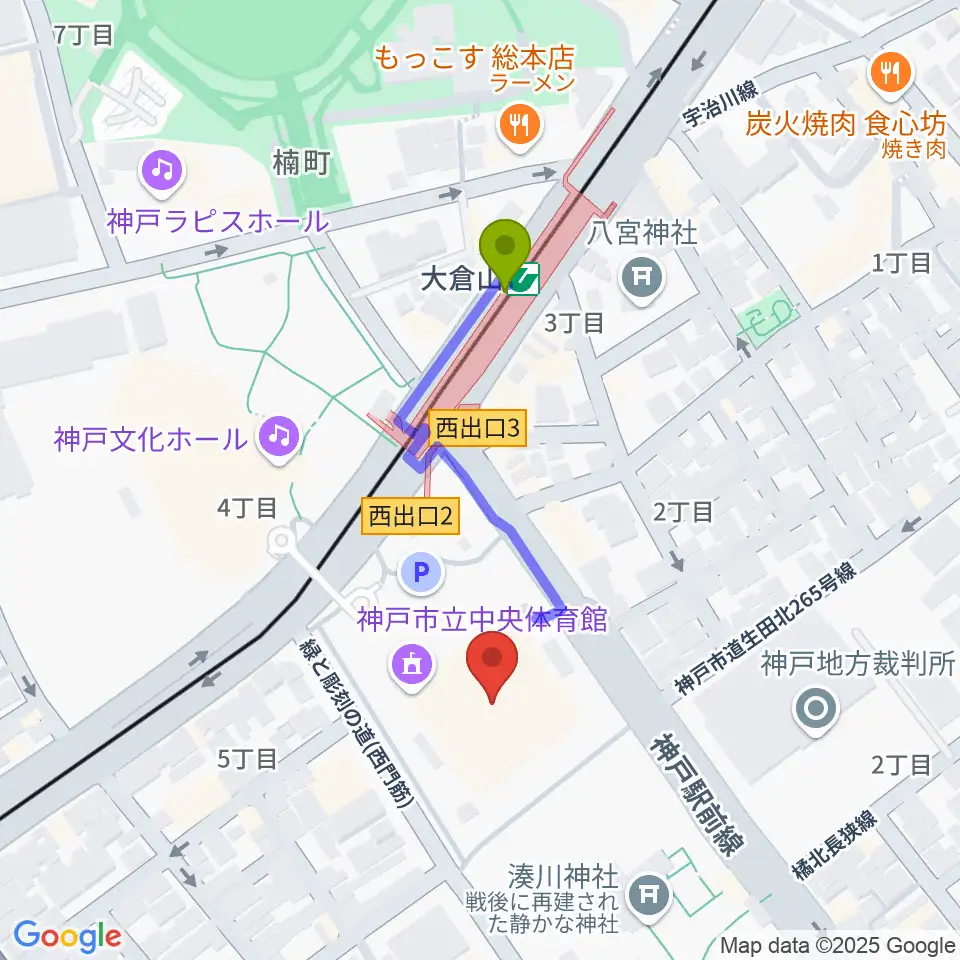 神戸市立中央体育館の最寄駅大倉山駅からの徒歩ルート（約3分）地図