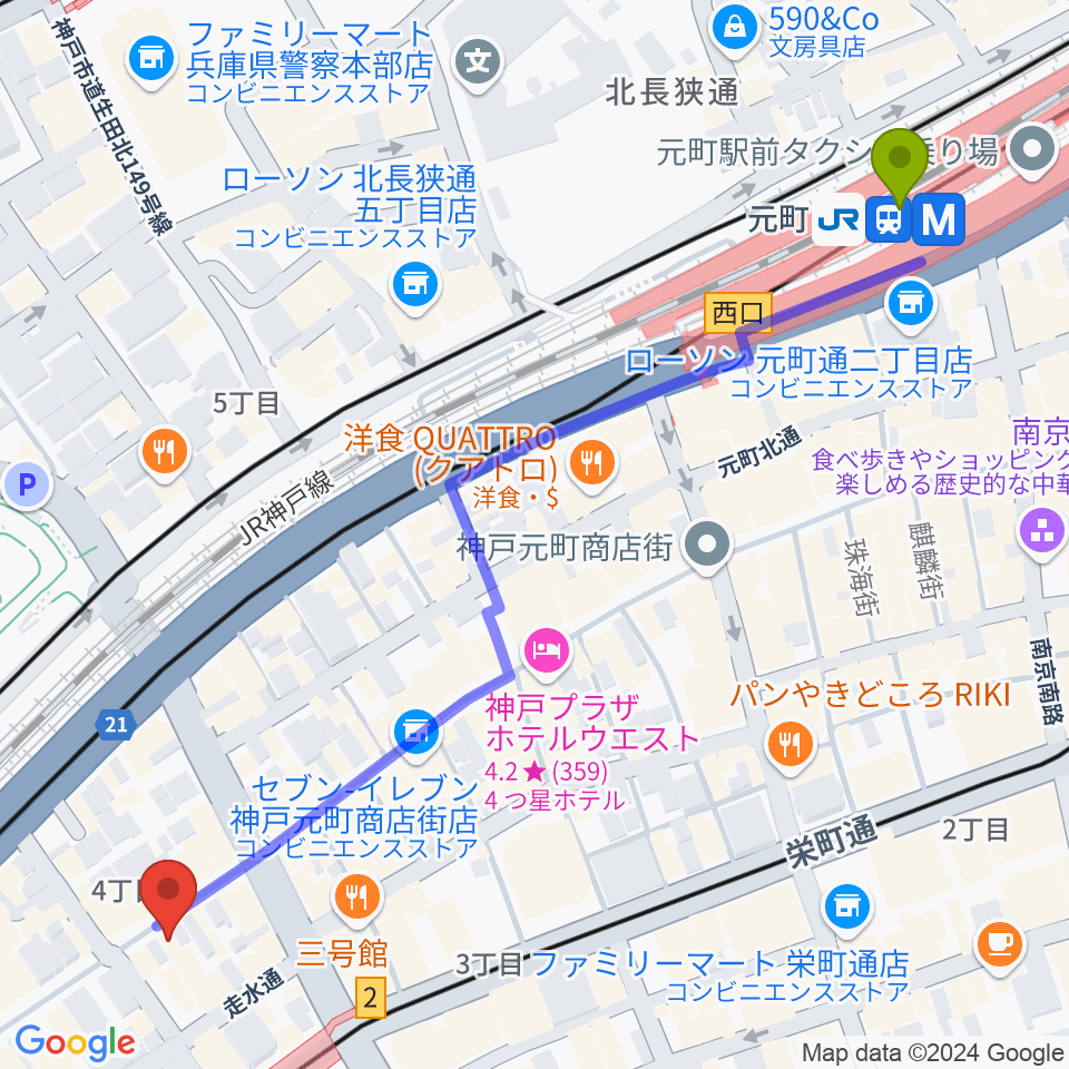 元町駅から元町映画館へのルートマップ地図