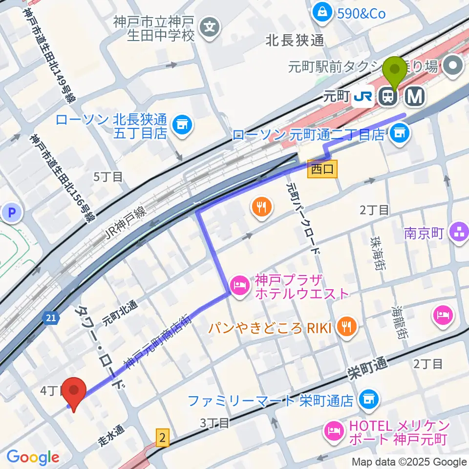 元町駅から元町映画館へのルートマップ地図