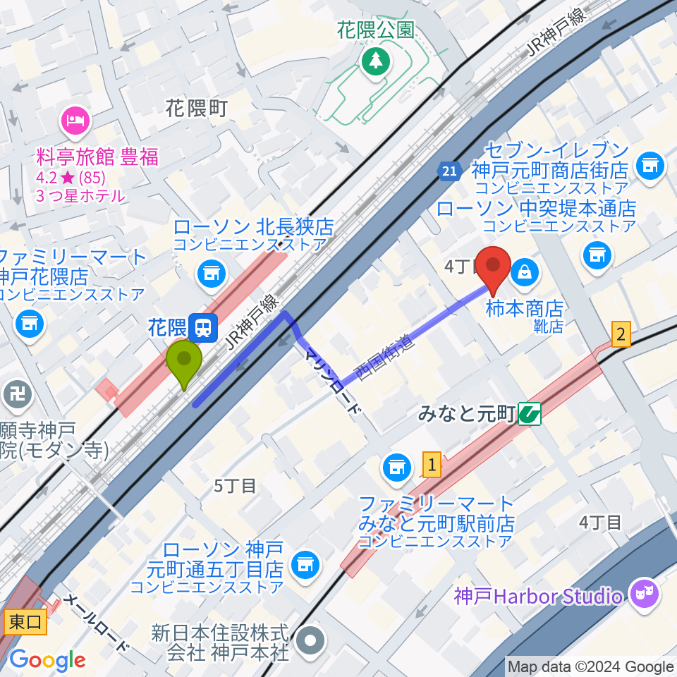 花隈駅から元町映画館へのルートマップ地図