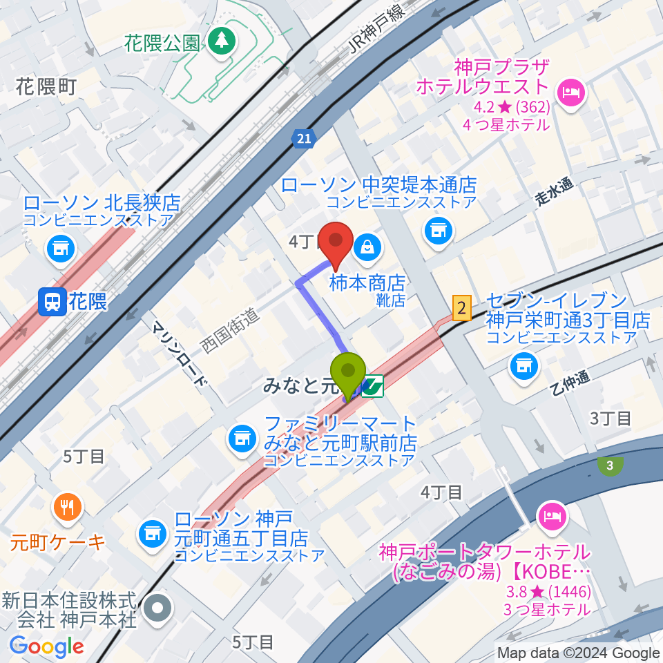 元町映画館の最寄駅みなと元町駅からの徒歩ルート（約2分）地図