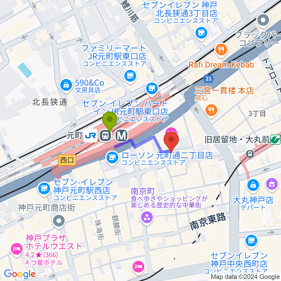 汎芽舎の最寄駅元町駅からの徒歩ルート（約2分）地図