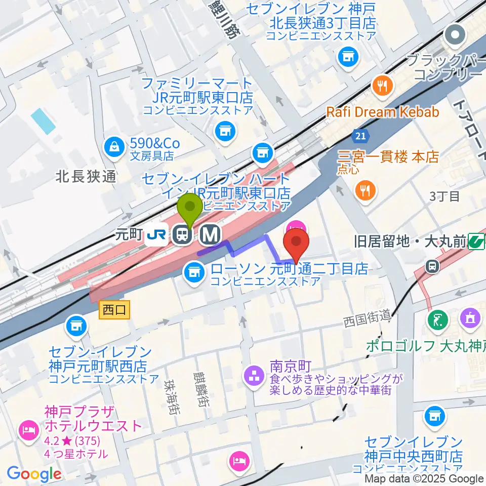 汎芽舎の最寄駅元町駅からの徒歩ルート（約2分）地図