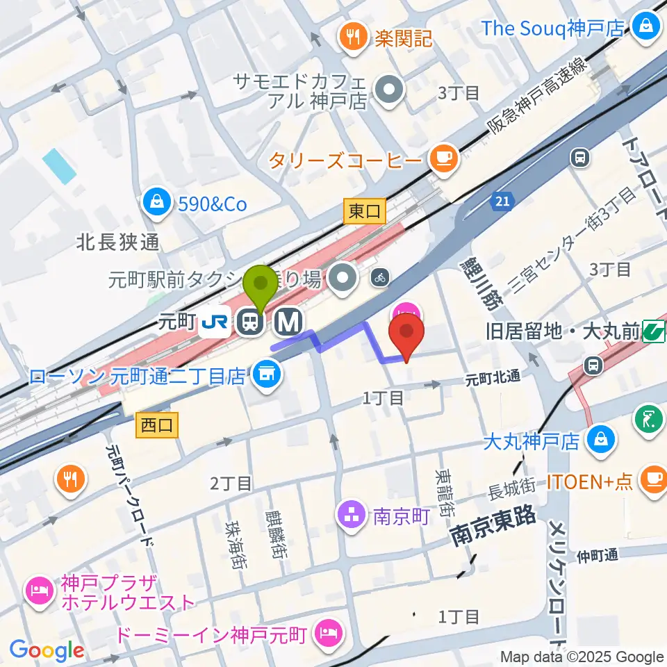 汎芽舎の最寄駅元町駅からの徒歩ルート（約2分）地図