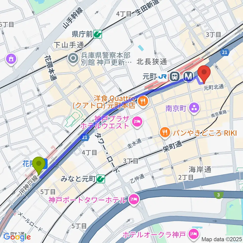 花隈駅から汎芽舎へのルートマップ地図