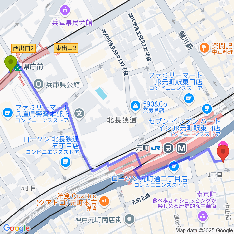 県庁前駅から汎芽舎へのルートマップ地図