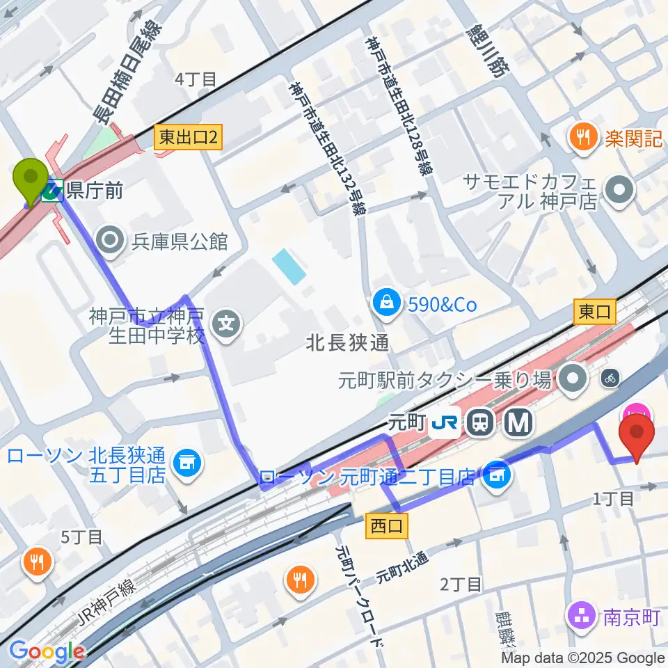 県庁前駅から汎芽舎へのルートマップ地図