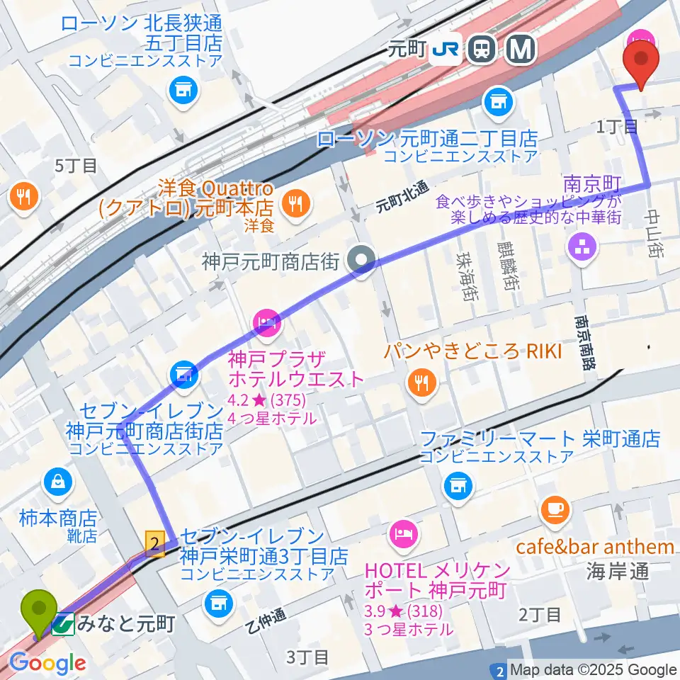 みなと元町駅から汎芽舎へのルートマップ地図