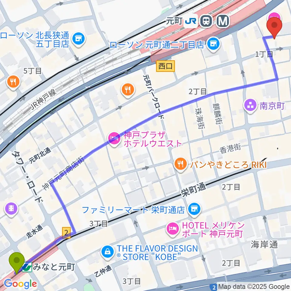 みなと元町駅から汎芽舎へのルートマップ地図