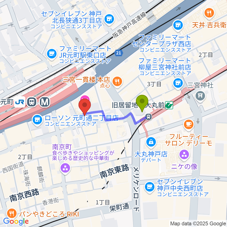 旧居留地・大丸前駅から汎芽舎へのルートマップ地図