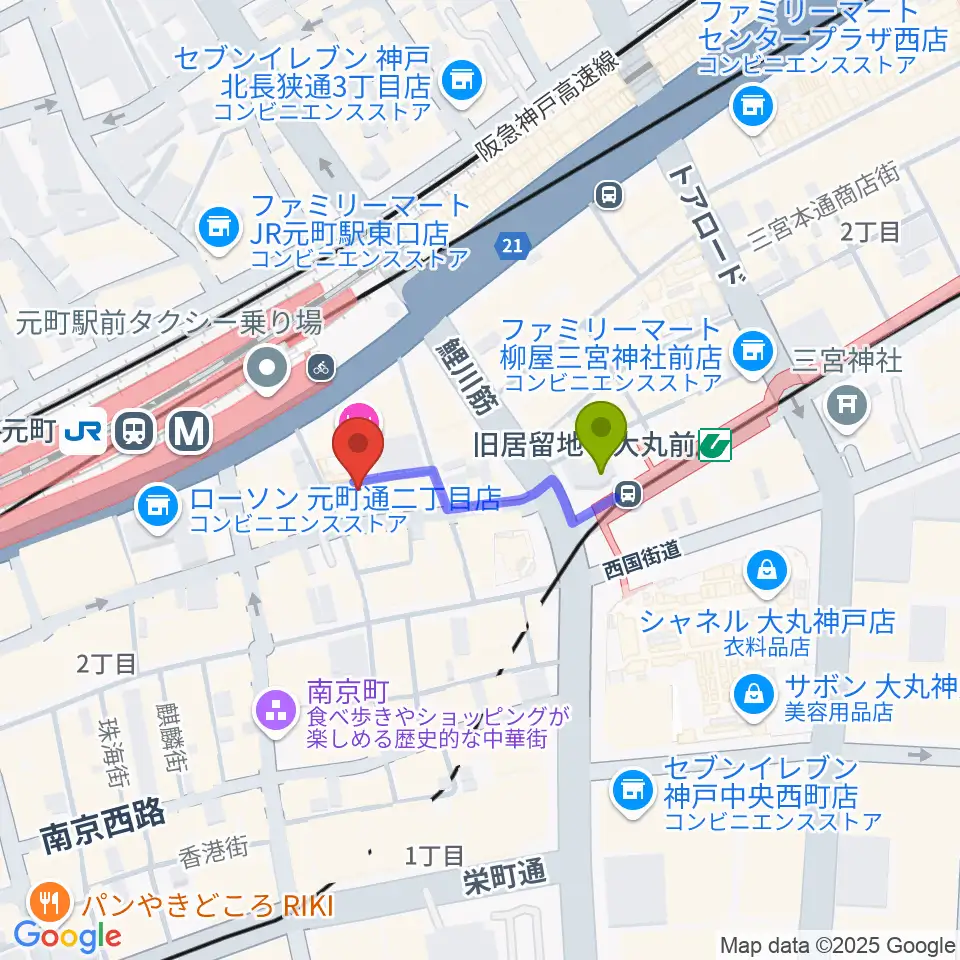 旧居留地・大丸前駅から汎芽舎へのルートマップ地図