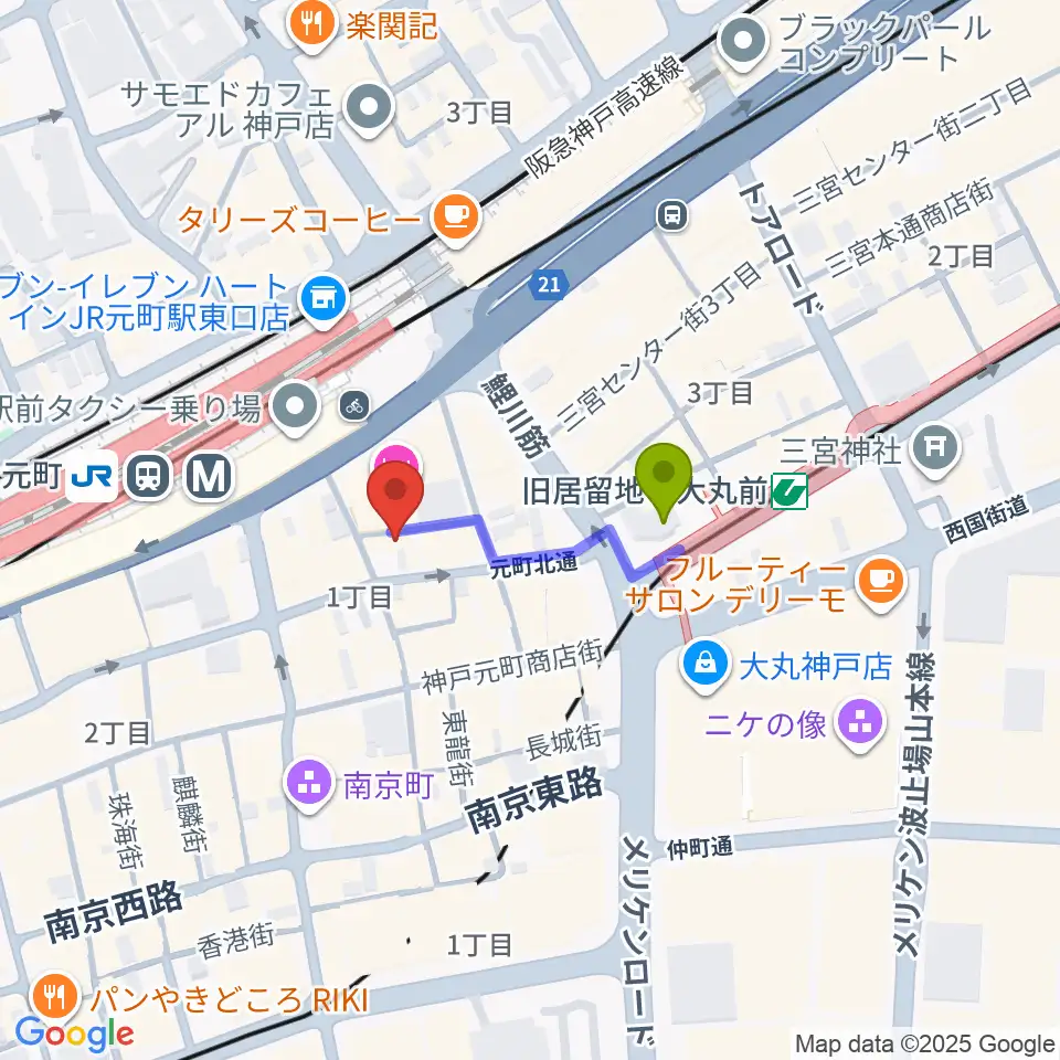 旧居留地・大丸前駅から汎芽舎へのルートマップ地図