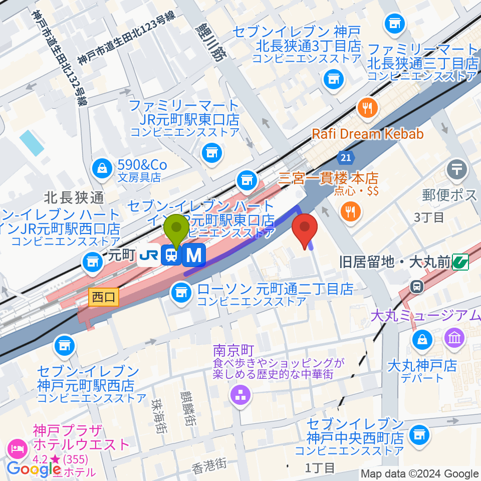 元町駅からりずむぼっくす神戸元町店へのルートマップ地図