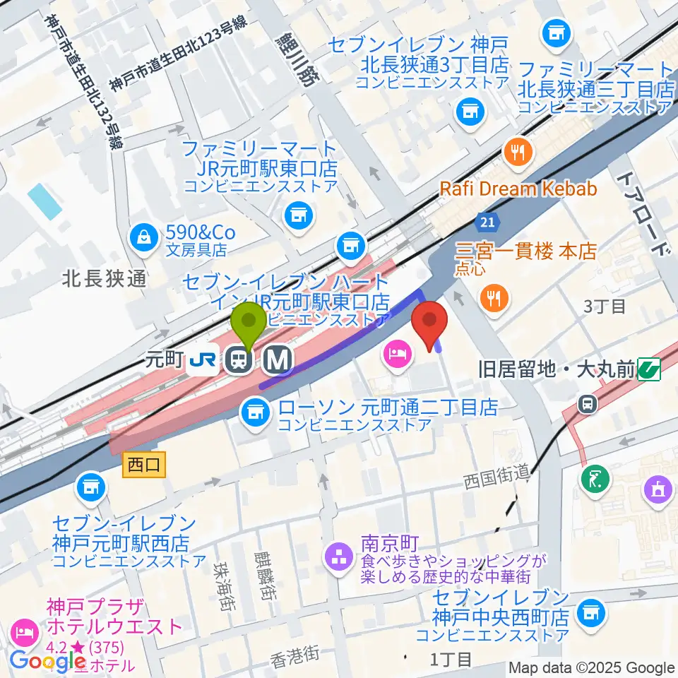 元町駅からりずむぼっくす神戸元町店へのルートマップ地図