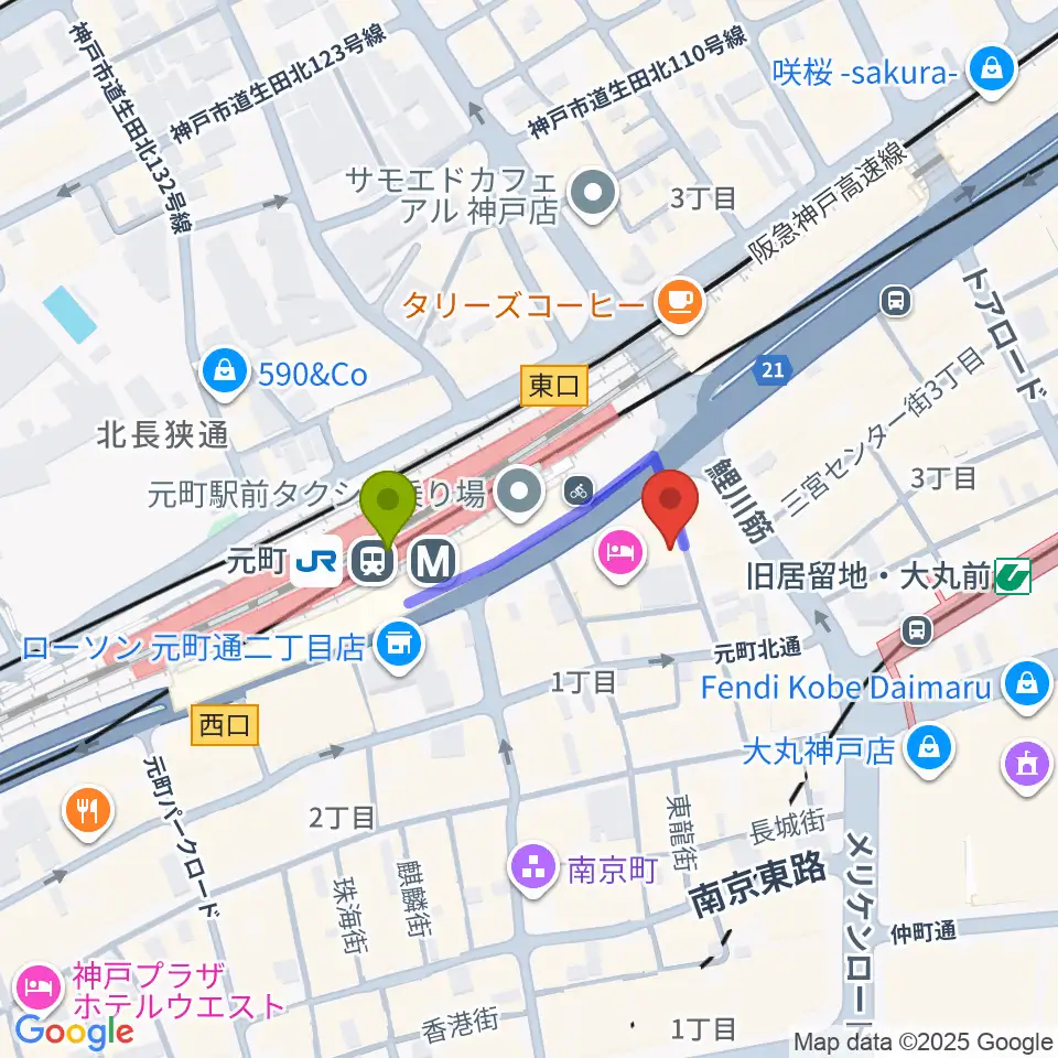 元町駅からりずむぼっくす神戸元町店へのルートマップ地図