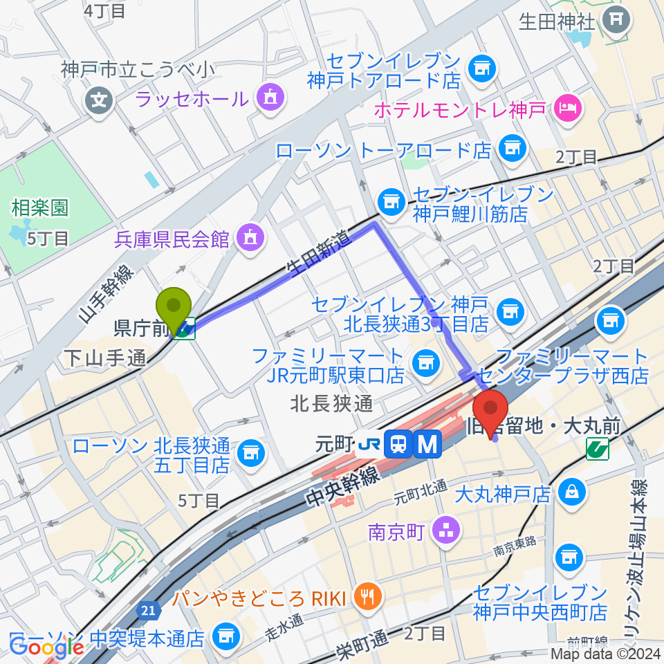 県庁前駅からりずむぼっくす神戸元町店へのルートマップ地図