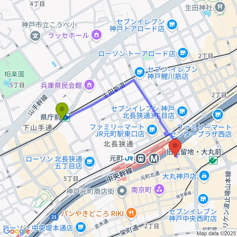 県庁前駅からりずむぼっくす神戸元町店へのルートマップ地図