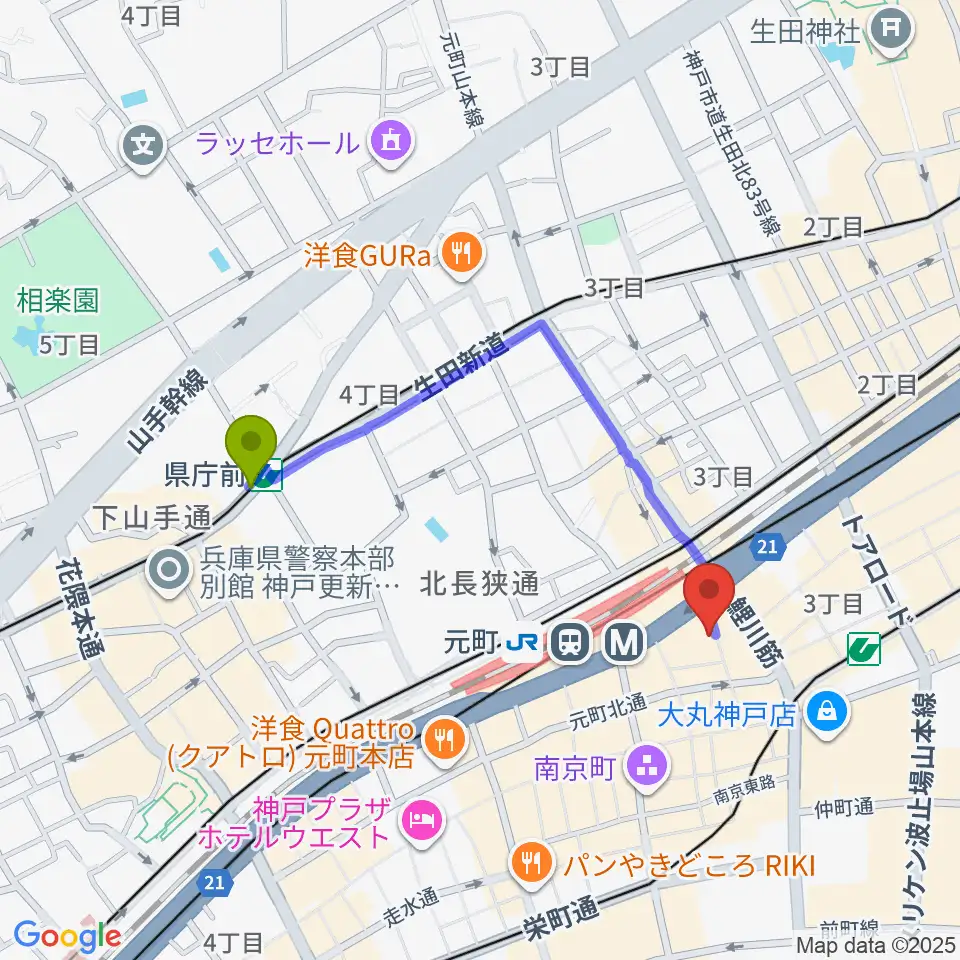 県庁前駅からりずむぼっくす神戸元町店へのルートマップ地図