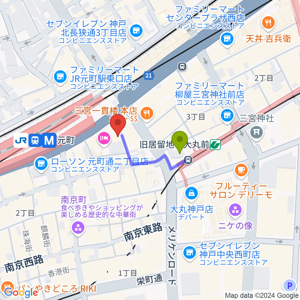 りずむぼっくす神戸元町店の最寄駅旧居留地・大丸前駅からの徒歩ルート（約2分）地図