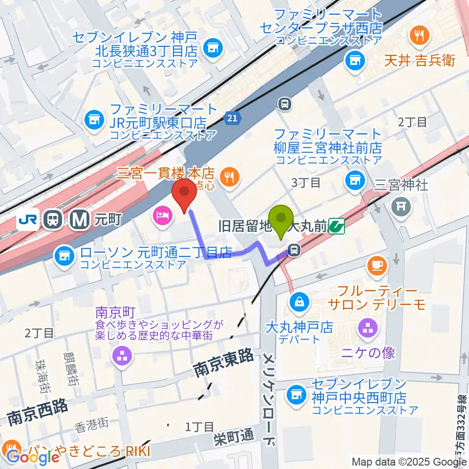 りずむぼっくす神戸元町店の最寄駅旧居留地・大丸前駅からの徒歩ルート（約2分）地図