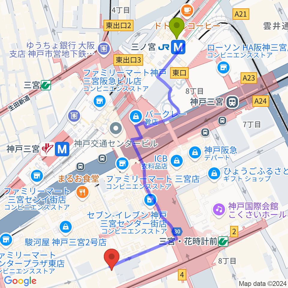 りずむぼっくす三宮店の最寄駅三ノ宮駅からの徒歩ルート（約7分）地図