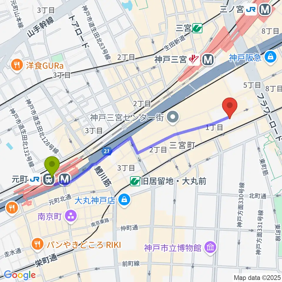 元町駅からりずむぼっくす三宮店へのルートマップ地図