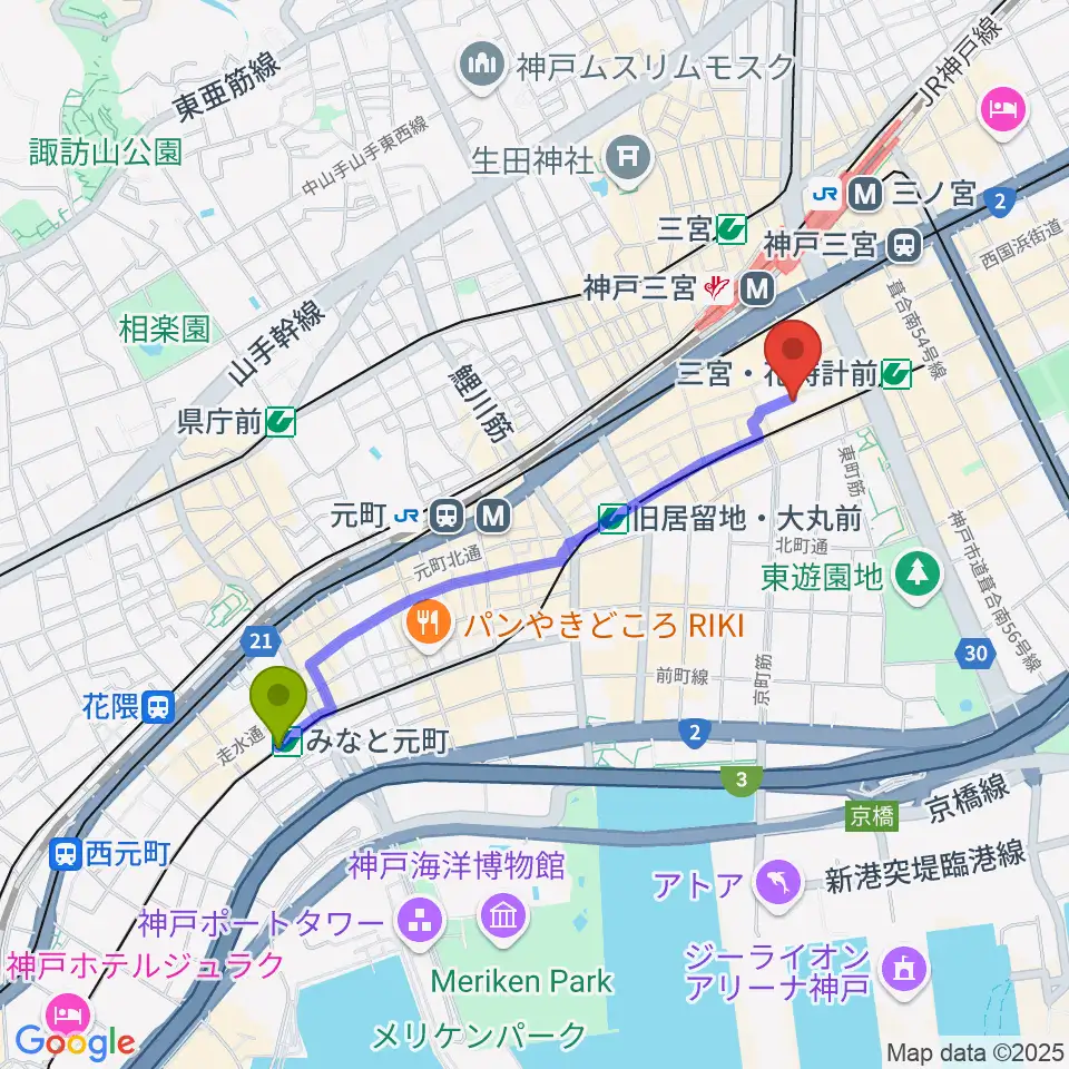 みなと元町駅からりずむぼっくす三宮店へのルートマップ地図