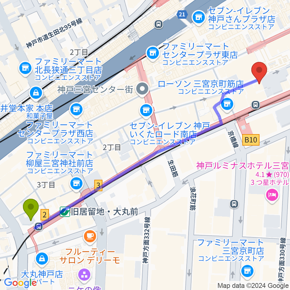 旧居留地・大丸前駅からりずむぼっくす三宮店へのルートマップ地図