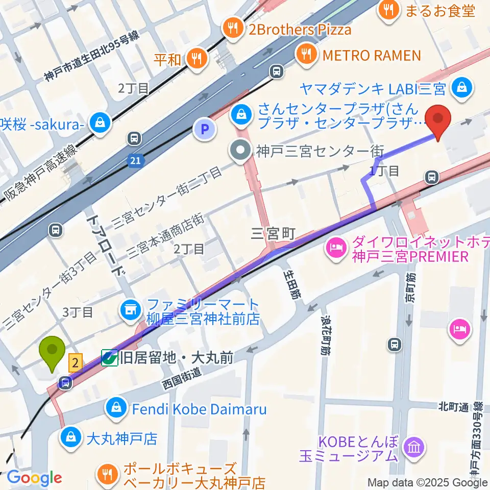 旧居留地・大丸前駅からりずむぼっくす三宮店へのルートマップ地図