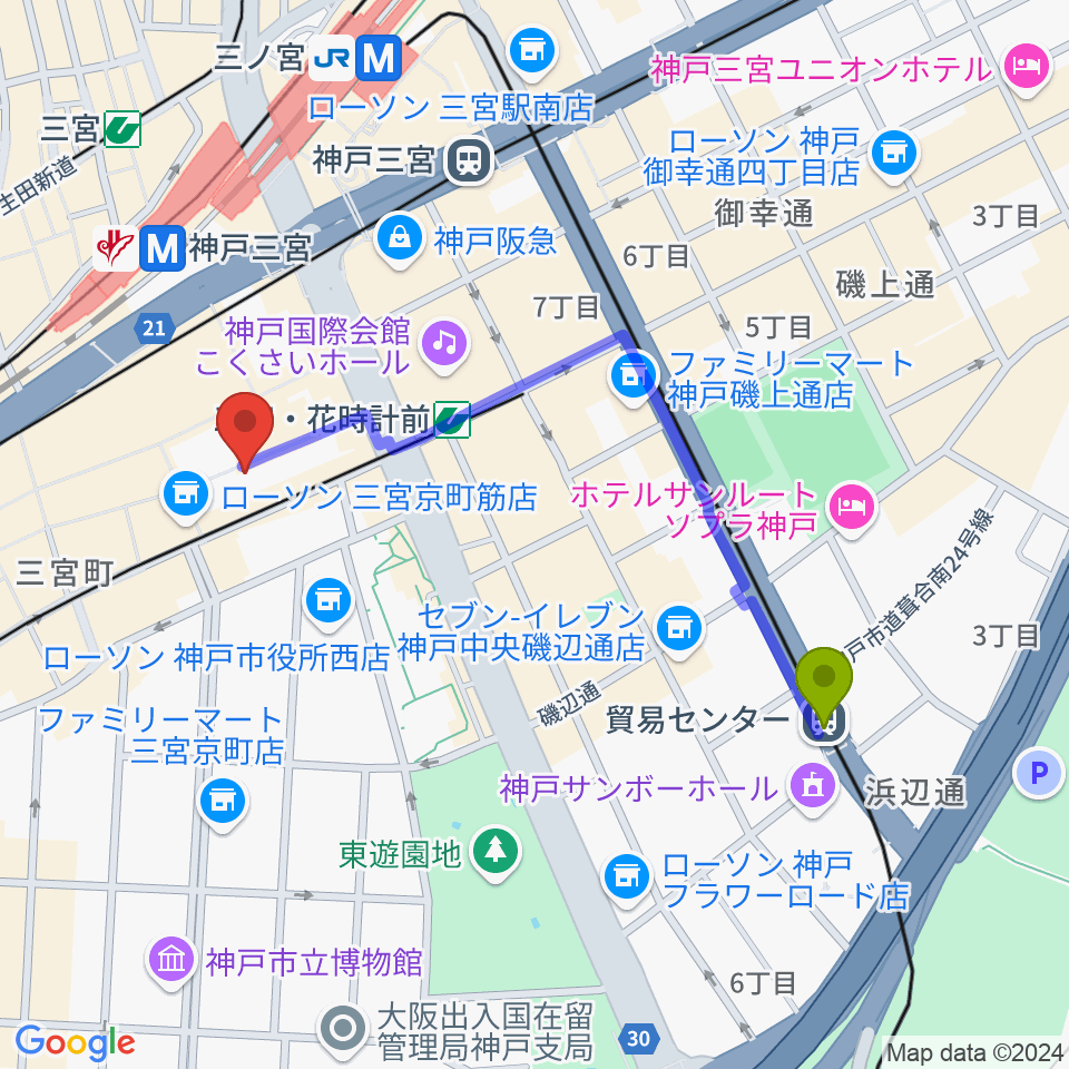 貿易センター駅からりずむぼっくす三宮店へのルートマップ地図