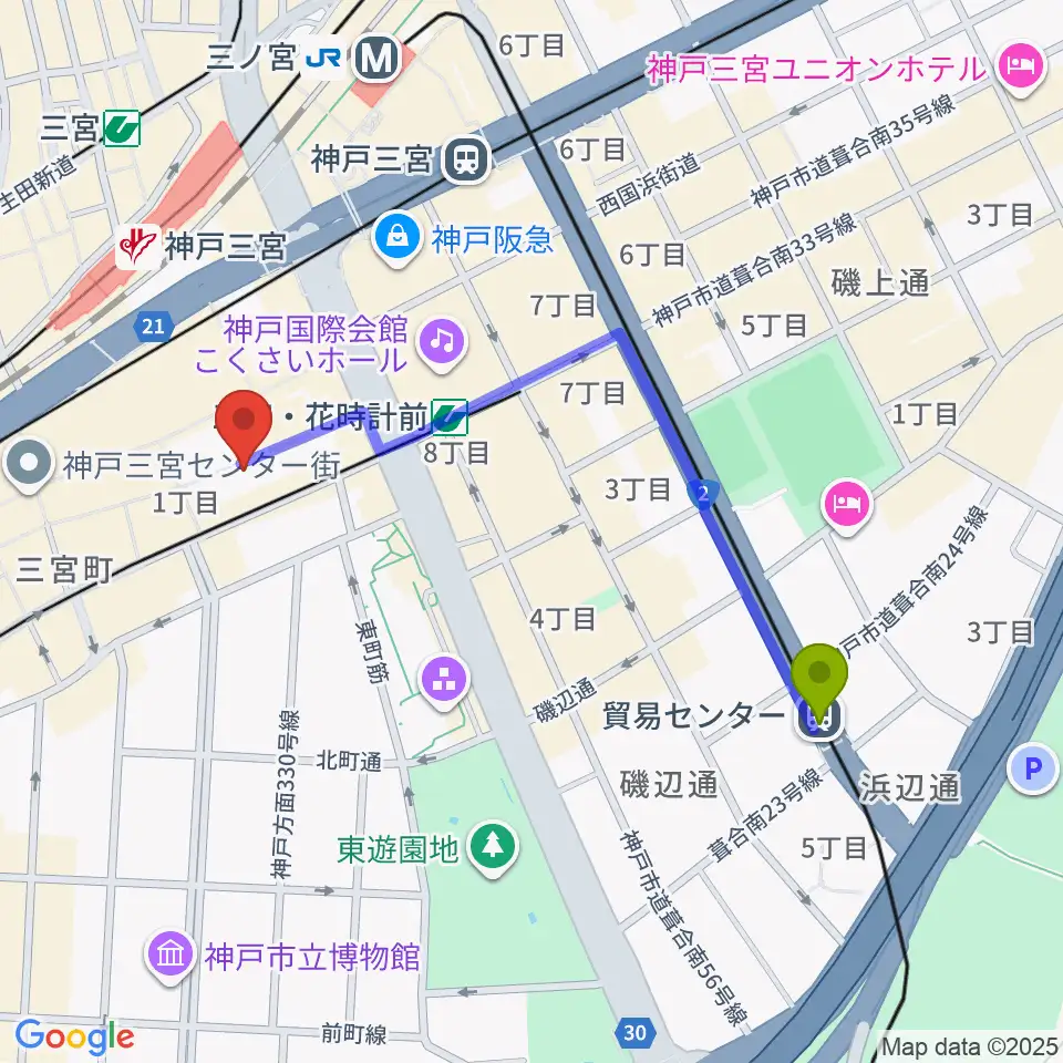 貿易センター駅からりずむぼっくす三宮店へのルートマップ地図