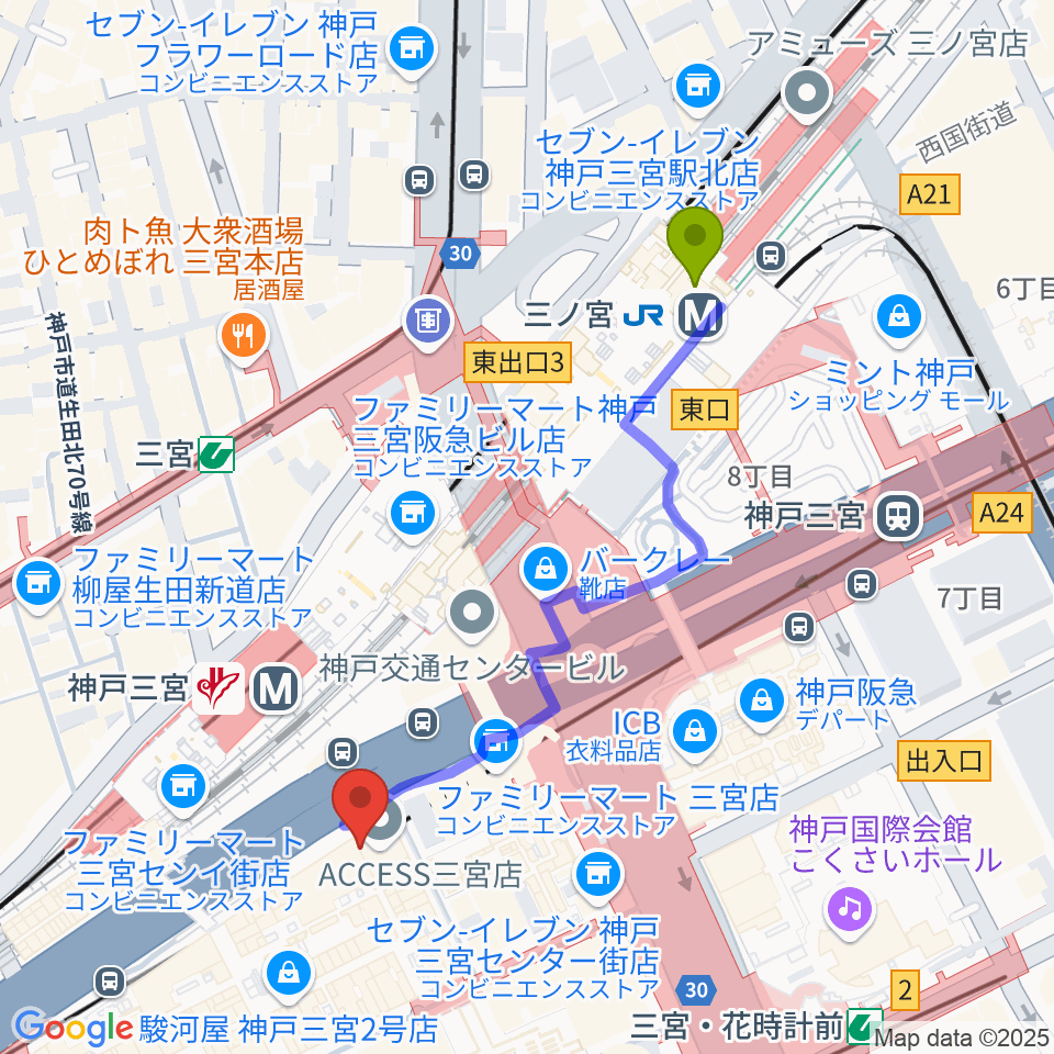 りずむぼっくす三宮ウエスト店の最寄駅三ノ宮駅からの徒歩ルート（約5分）地図