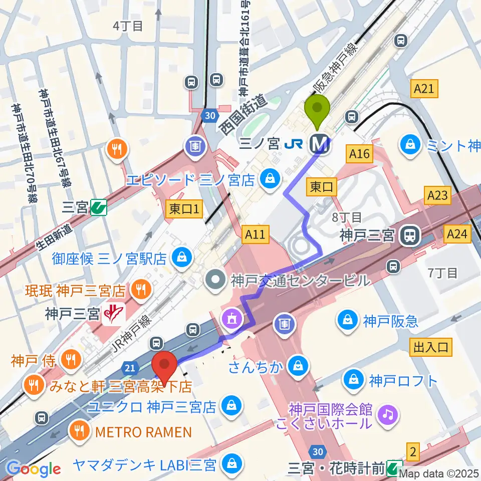 りずむぼっくす三宮ウエスト店の最寄駅三ノ宮駅からの徒歩ルート（約5分）地図