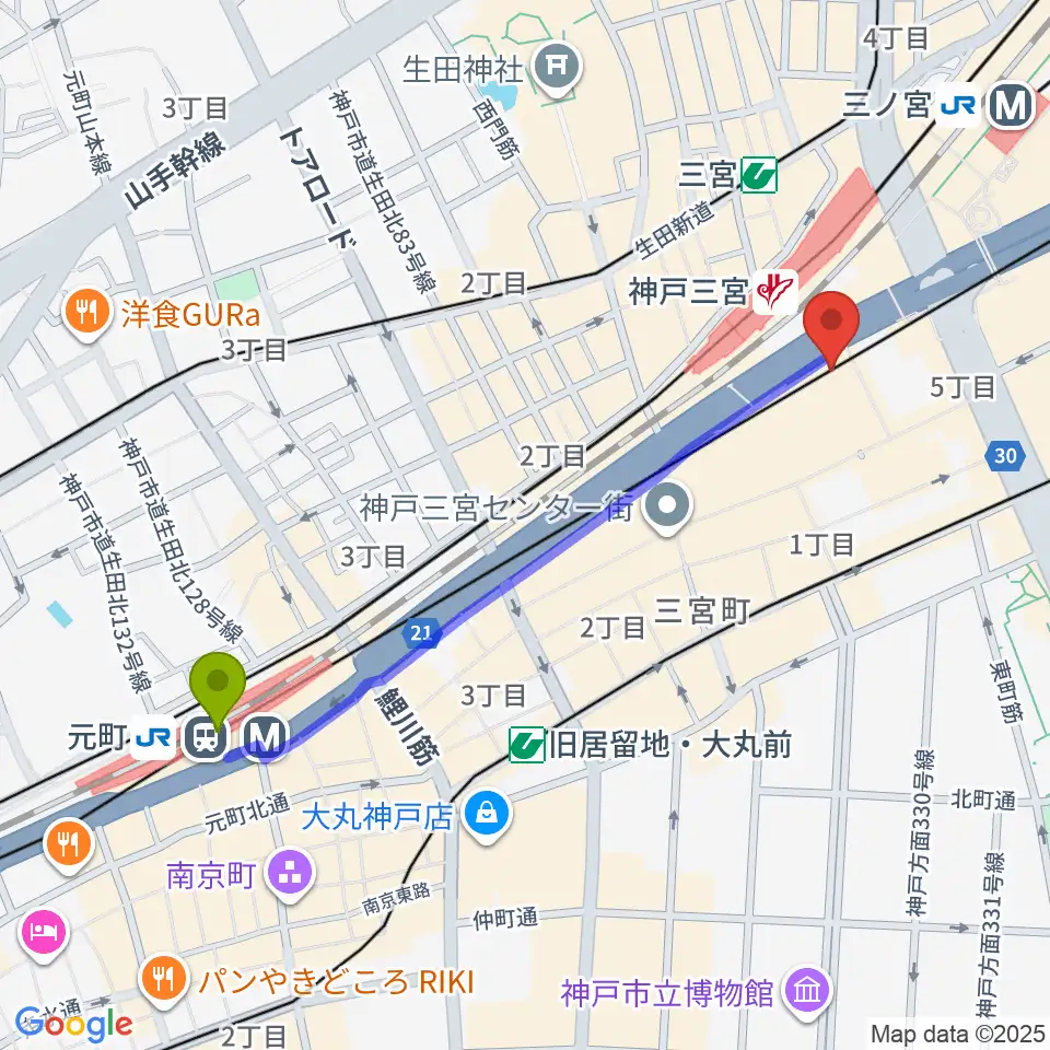 元町駅からりずむぼっくす三宮ウエスト店へのルートマップ地図