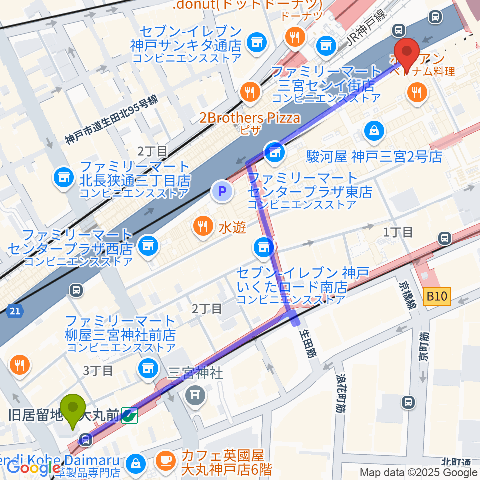 旧居留地・大丸前駅からりずむぼっくす三宮ウエスト店へのルートマップ地図