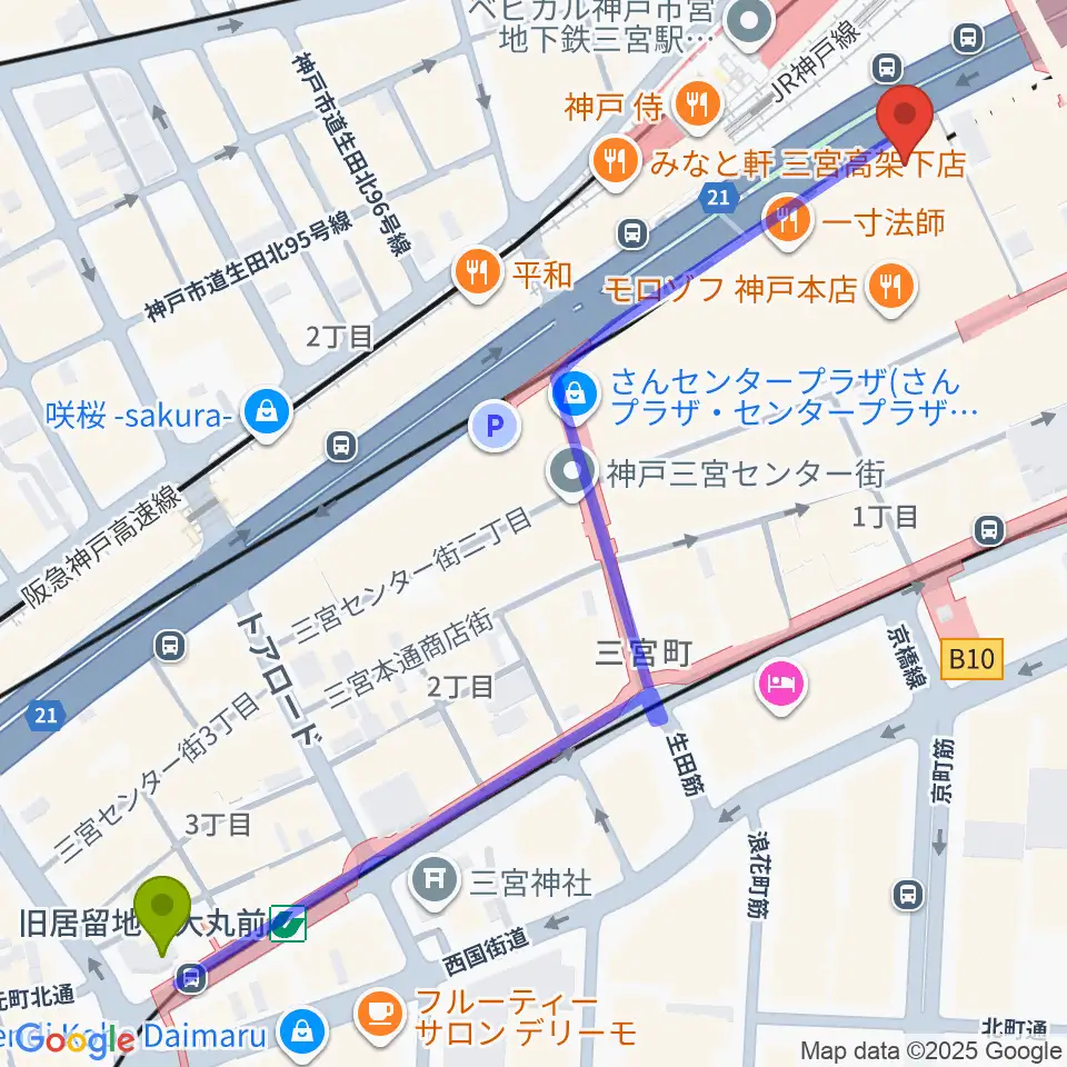 旧居留地・大丸前駅からりずむぼっくす三宮ウエスト店へのルートマップ地図