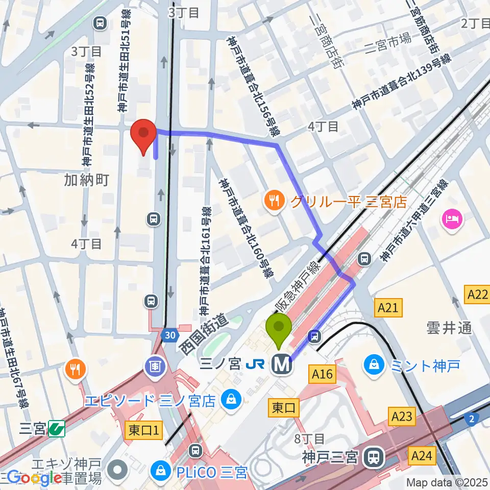 ジャパンギタースクール三宮校の最寄駅三ノ宮駅からの徒歩ルート（約4分）地図